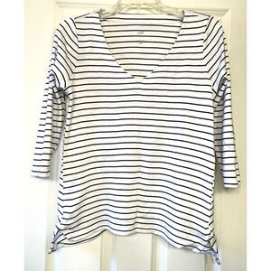 J JILL Petite S Black White Stripe 100% Pima Cotton 3/4 Sleeve V Neck Knit Top